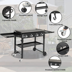 HAOYYE Foldable 4 Burner Flat Top Gas Griddle Cooking Station Propane Fueled Outdoor Griddle Grill with Side Shelves for Patio Backyard BBQ Camping Picnic Tailgate Cookout