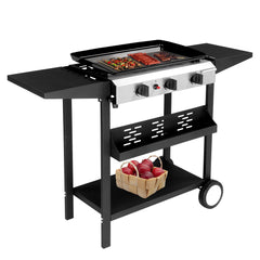 HAOYYE 3-Burner Flat Top Gas Griddle Cooking Station with Ceramic Coated Cast Iron Pan, Powerful 30000 BTU Propane Griddle with Convenient Side Shelves and Spice Rack, Durable Outdoor Barbecue Grill for Backyard Cookouts and Parties