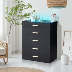 HAOYYE Black Pitted Particleboard Drawer Cabinet with RGB LED Lights, 5 Drawers, Tempered Glass Panels, Modern Multifunctional Storage Unit for Bedroom/Living Room, 66x35x83cm, Contemporary Design, Space-Saving Furniture