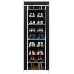 DE Direct HAOYYE Space-Saving Shoe Rack with 10 Tiers and 9 Lattices Non-Woven Fabric Cover Freestanding Shoe Storage Organizer for Entryway Closet Bedroom with Dustproof Design and Sturdy Frame Easy to Assemble Black
