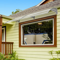 HAOYYE Door and Window Rain Cover Awning 200 x 100 Silver Polycarbonate Canopy with Gray Brackets Outdoor Eaves Shelter for Front Door Balcony Porch Entryway Weather Protection Durable Decorative Design