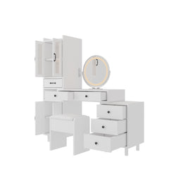 HAOYYE Modern Makeup Vanity Table Set with Side Cabinet, LED Mirror, 3 Light Colors, Retractable Dressing Table with Power Outlets, Adjustable LED Lighting, Storage Drawer, Elegant Makeup Desk for Bedroom, Dressing Room, Home Use