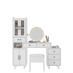 HAOYYE Modern Makeup Vanity Table Set with Side Cabinet, LED Mirror, 3 Light Colors, Retractable Dressing Table with Power Outlets, Adjustable LED Lighting, Storage Drawer, Elegant Makeup Desk for Bedroom, Dressing Room, Home Use