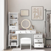 HAOYYE Modern Makeup Vanity Table Set with Side Cabinet, LED Mirror, 3 Light Colors, Retractable Dressing Table with Power Outlets, Adjustable LED Lighting, Storage Drawer, Elegant Makeup Desk for Bedroom, Dressing Room, Home Use