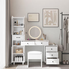 HAOYYE Modern Makeup Vanity Table Set with Side Cabinet, LED Mirror, 3 Light Colors, Retractable Dressing Table with Power Outlets, Adjustable LED Lighting, Storage Drawer, Elegant Makeup Desk for Bedroom, Dressing Room, Home Use