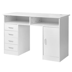 HAOYYE White Wood Grain Particle Board Computer Desk with Triamine Finish, One Door Four Drawers and Interlayer Storage, Modern Home Office Desk with Ample Storage and Durable Design