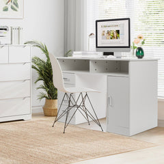 HAOYYE White Wood Grain Particle Board Computer Desk with Triamine Finish, One Door Four Drawers and Interlayer Storage, Modern Home Office Desk with Ample Storage and Durable Design