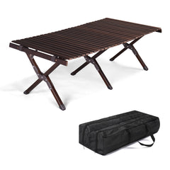 HAOYYE Wooden Camping Roll Table in Dark Walnut Color Portable Folding Picnic Table with Roll Up Slatted Top and Carry Bag Lightweight Compact Outdoor Dining Table for BBQ Hiking Patio Travel and Garden Activities