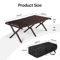 HAOYYE Wooden Camping Roll Table in Dark Walnut Color Portable Folding Picnic Table with Roll Up Slatted Top and Carry Bag Lightweight Compact Outdoor Dining Table for BBQ Hiking Patio Travel and Garden Activities