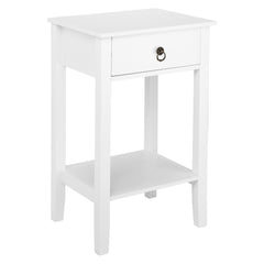 HAOYYE Two-Layer Bedside Table with Drawer, Modern White Nightstand Coffee Side Table with Storage Shelf, Compact End Table for Bedroom Living Room Apartment Small Space, Stylish and Durable Wood Design