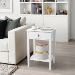 HAOYYE Two-Layer Bedside Table with Drawer, Modern White Nightstand Coffee Side Table with Storage Shelf, Compact End Table for Bedroom Living Room Apartment Small Space, Stylish and Durable Wood Design