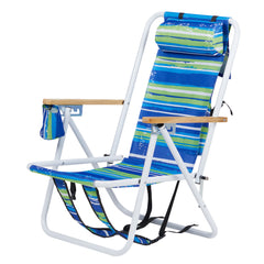 Haoyye 1PC Folding Beach Chair, 4-Position Portable Backpack Camping Chair with Headrest, Cup Holder, and Wooden Armrests, Blue & Green Stripes, Ideal for Beach, Outdoor, and Camping Relaxation