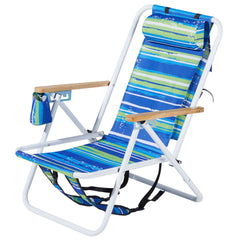 Haoyye 1PC Folding Beach Chair, 4-Position Portable Backpack Camping Chair with Headrest, Cup Holder, and Wooden Armrests, Blue & Green Stripes, Ideal for Beach, Outdoor, and Camping Relaxation