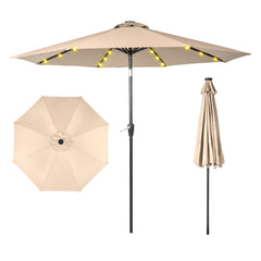 HAOYYE Outdoor Patio Umbrella Beige Waterproof Folding Sunshade with Lights Polyester Canopy and Durable Iron Frame Round Tilting Umbrella for Garden Deck Pool Backyard Use Base Not Included