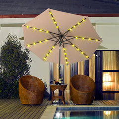 HAOYYE Outdoor Patio Umbrella Beige Waterproof Folding Sunshade with Lights Polyester Canopy and Durable Iron Frame Round Tilting Umbrella for Garden Deck Pool Backyard Use Base Not Included