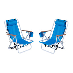 HAOYYE Folding Beach Chair Set of 2 for Adults, 4-Position Portable Backpack Foldable Camping Chair with Headrest, Cup Holder, and Wooden Armrests
