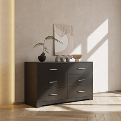 HAOYYE 6 Drawer Double Dresser for Bedroom & Living Room, Wide Storage Cabinet with Spacious Drawers, Modern Black Design, Multi-Functional Storage Organizer for Home Entryway, Closet, and Hallway, Sturdy and Easy Assembly.
