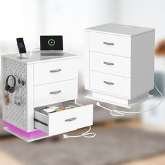HAOYYE LED Nightstand with Charging Station & USB Ports, 3-Drawer Side Cabinet, Modern White Bedside Table for Bedroom, Right Side Storage, Adjustable RGB Lights, Convenient Night Table with USB Charging Ports
