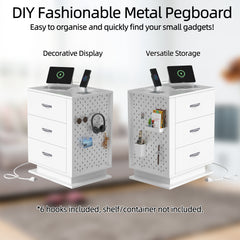 HAOYYE LED Nightstand with Charging Station & USB Ports, 3-Drawer Side Cabinet, Modern White Bedside Table for Bedroom, Right Side Storage, Adjustable RGB Lights, Convenient Night Table with USB Charging Ports