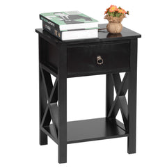 HAOYYE Modern Black Nightstand with Cross Metal Frame, Double Layer Storage and Open Shelf, Minimalist End Table for Bedroom, Living Room or Office, Durable and Easy to Assemble