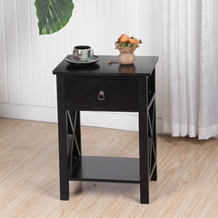 HAOYYE Modern Black Nightstand with Cross Metal Frame, Double Layer Storage and Open Shelf, Minimalist End Table for Bedroom, Living Room or Office, Durable and Easy to Assemble