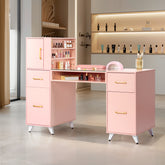 HAOYYE Pink Nail Table with Tempered Glass Top and Relief Particle Board Finish, Featuring Three Doors and Two Drawers, Fanless Quiet Design Perfect for Salon Manicure Station or Home Beauty Workspace