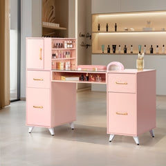 HAOYYE Pink Nail Table with Tempered Glass Top and Relief Particle Board Finish, Featuring Three Doors and Two Drawers, Fanless Quiet Design Perfect for Salon Manicure Station or Home Beauty Workspace