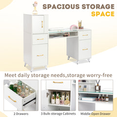 HAOYYE White Relief Nail Table with Tempered Glass Top Three Doors and Two Drawers Storage Manicure Desk Fanless Design Professional Nail Technician Station for Salon or Home Studio Use