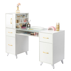 HAOYYE White Relief Nail Table with Tempered Glass Top Three Doors and Two Drawers Storage Manicure Desk Fanless Design Professional Nail Technician Station for Salon or Home Studio Use
