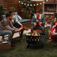 HAOYYE 32IN Metal Fire Pit Outdoor Wood Burning Fire Bowl with Spark Screen and Poker Black Steel Firepit for Backyard Patio Garden Deck Camping Bonfire Heating Durable Round Fire Pit for Cold Weather Gathering