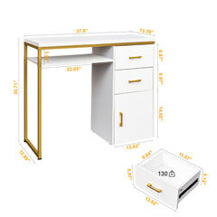 HAOYYE White Particleboard Computer Desk with Sturdy Iron Pipe Frame, Featuring 2 Drawers and 1 Door, Modern Multi-Functional Home Office Desk Suitable for Living Room, Study, Bedroom, and Workspace Storage Solution