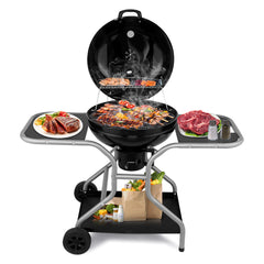 HAOYYE Charcoal Grill with Side Tables and Storage Shelf Outdoor BBQ Grill with Thermometer Ash Catcher Air Vents Wheels Folding Portable Design for Backyard Camping Cooking Patio Barbecue Party Use
