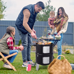 HAOYYE Black Vertical Charcoal Smoker Grill with Double Layer Design, Thermometer, Adjustable Air Vents and Lid, Ideal for Outdoor Backyard Patio Camping BBQ Cooking, Heavy Duty and Easy to Clean