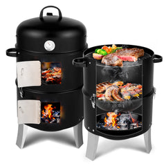 HAOYYE Black Vertical Charcoal Smoker Grill with Double Layer Design, Thermometer, Adjustable Air Vents and Lid, Ideal for Outdoor Backyard Patio Camping BBQ Cooking, Heavy Duty and Easy to Clean