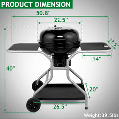 HAOYYE Charcoal Grill with Side Tables and Storage Shelf Outdoor BBQ Grill with Thermometer Ash Catcher Air Vents Wheels Folding Portable Design for Backyard Camping Cooking Patio Barbecue Party Use