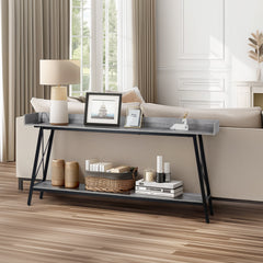 HAOYYE 70.9 Inch Extra Long Console Table with 2 Power Outlets and USB Ports, Rustic Industrial Sofa Table Behind Couch for Living Room, Narrow Entryway Hallway Long Bar Table in Gray, Soft Cozy Warm Design, Functional and Stylish Home Decor