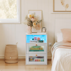 HAOYYE White Hemp Nightstand with Wireless Charging, RGB LED Light, USB Ports, Power Outlets, 2 Drawers, Changhong Glass Door, Modern Design.