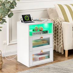 HAOYYE White Hemp Nightstand with Wireless Charging, RGB LED Light, USB Ports, Power Outlets, 2 Drawers, Changhong Glass Door, Modern Design.