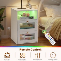 HAOYYE White Hemp Nightstand with Wireless Charging, RGB LED Light, USB Ports, Power Outlets, 2 Drawers, Changhong Glass Door, Modern Design.