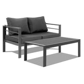 Haoyye Outdoor Loveseat Sofa and Coffee Table Set with Grey Aluminum Frame and Dark Grey Cushions, Modern Patio Conversation Furniture for Balcony, Garden, Porch or Deck, Weather Resistant and Comfortable Seating Solution