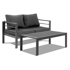 Haoyye Outdoor Loveseat Sofa and Coffee Table Set with Grey Aluminum Frame and Dark Grey Cushions, Modern Patio Conversation Furniture for Balcony, Garden, Porch or Deck, Weather Resistant and Comfortable Seating Solution