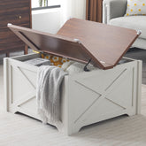 HAOYYE Farmhouse Coffee Table, Square Wood Center Table with Large Hidden Storage Compartment, Rustic Cocktail Table with Hinged Lift Top for Living Room, Brown and White Soft Cozy Warm Design, Stylish and Functional Home Furniture