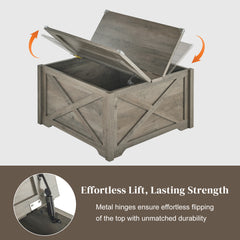 HAOYYE Farmhouse Coffee Table, Square Wood Center Table with Large Hidden Storage Compartment, Hinged Lift Top Rustic Cocktail Table for Living Room, Home, Rustic Gray Soft Cozy Warm Flannel, Multi-Functional Storage Solution
