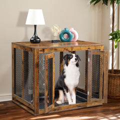 HAOYYE Furniture Dog Crate with Tray for Large Dogs, Indoor Pet Kennel Cage with Door, Decorative Wooden Dog House, Modern End Table Nightstand, Rustic Brown Finish, Stylish and Functional Design for Home and Pets