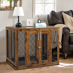 HAOYYE Furniture Dog Crate with Tray for Large Dogs, Indoor Pet Kennel Cage with Door, Decorative Wooden Dog House, Modern End Table Nightstand, Rustic Brown Finish, Stylish and Functional Design for Home and Pets