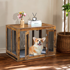 HAOYYE Furniture Dog Crate with Tray for Medium Dogs, Indoor Aesthetic Puppy Kennel Pet House Dog Cage with Door, Modern Decorative Wood Design, Pretty Cute Fancy End Side Table Nightstand, Rustic Brown Soft Finish, Stylish Pet Furniture