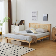 HAOYYE Queen Size Solid Wood Platform Bed Frame with Headboard, Natural Finish, Sturdy and Durable Wooden Bed Frame for Bedroom, No Box Spring Required, Space-Saving Modern Design, Easy Assembly, Sleek and Elegant Platform Bed for Adults