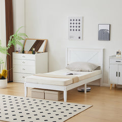 HAOYYE Twin Size Solid Wood Platform Bed Frame with Headboard, White Finish, Sturdy and Durable, No Box Spring Needed, Modern Design with Headboard for Bedroom, Easy Assembly, Space-Saving, Comfortable Support for Kids or Guest Room