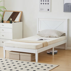 HAOYYE Twin Size Solid Wood Platform Bed Frame with Headboard, White Finish, Sturdy and Durable, No Box Spring Needed, Modern Design with Headboard for Bedroom, Easy Assembly, Space-Saving, Comfortable Support for Kids or Guest Room