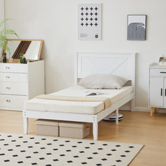 HAOYYE Twin Size Solid Wood Platform Bed Frame with Headboard, White Finish, Sturdy and Durable, No Box Spring Needed, Modern Design with Headboard for Bedroom, Easy Assembly, Space-Saving, Comfortable Support for Kids or Guest Room